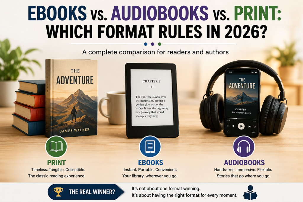 Ebooks vs. audiobooks vs. print books comparison showing the benefits of each format in 2026